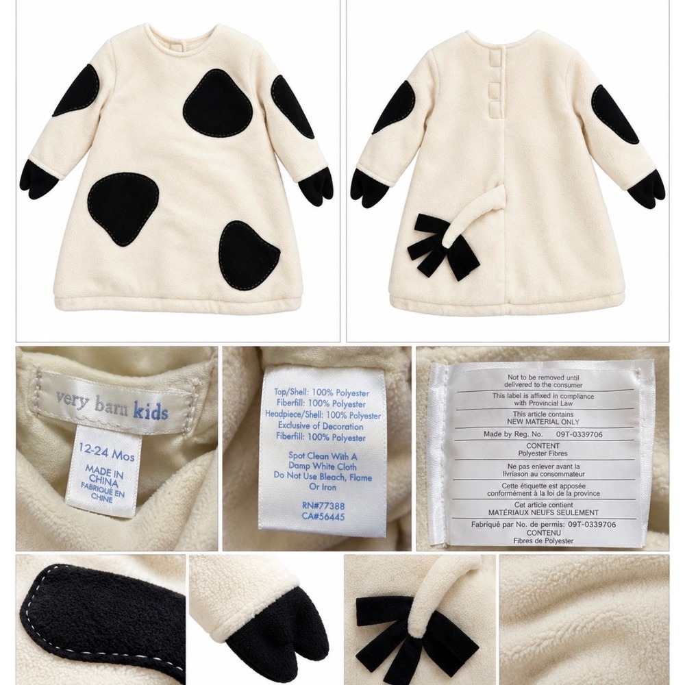 Pottery Barn Kids Cow Costume Kids 12-24 Mos White Good Plush Animal Tail